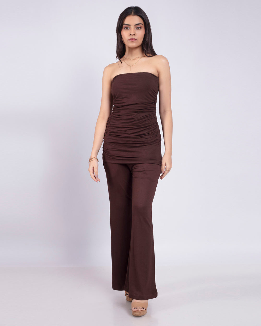 Chocolate Brown Strapless Ruched Jumpsuit.